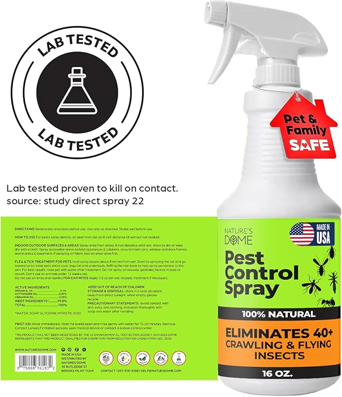 Nature's Dome Pest Killer Starter Kit, Makes 48 Oz (3 Concentrate Vials + 1 Reusable Sprayer) Plant-Based Ant, Roach, Spider & Fly Killer Spray | Indoor/Outdoor, Child & Pet Safe Essential Oil Formula