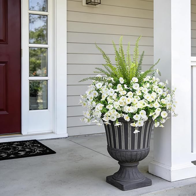 Hrobek Artificial Flowers for Outdoors Faux Plants Outside Indoor,UV Resistant Silk Fake Morning Glory Tall Ferns for Home Patio Garden Back Yard Front Porch Decor Spring Summer(13 Bunches,White)