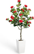Artificial Camellia Tree 5FT, Red Flower Tree in White Pot, Faux Outdoor Indoor Plant, Christmas,Potted Artificial Flower for Home Office Housewarming Porch Decor (61'' Height)