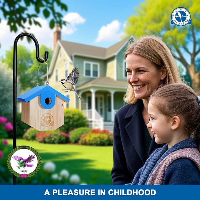SISTERBIRD Wren Bird Houses for Outside Cedar Hanging Birdhouses for Outdoors 1-1/8" Entrance Hole Bird Houses for Outside Clearance Wooden Nesting Box Chickadee Predator Guard, Blue