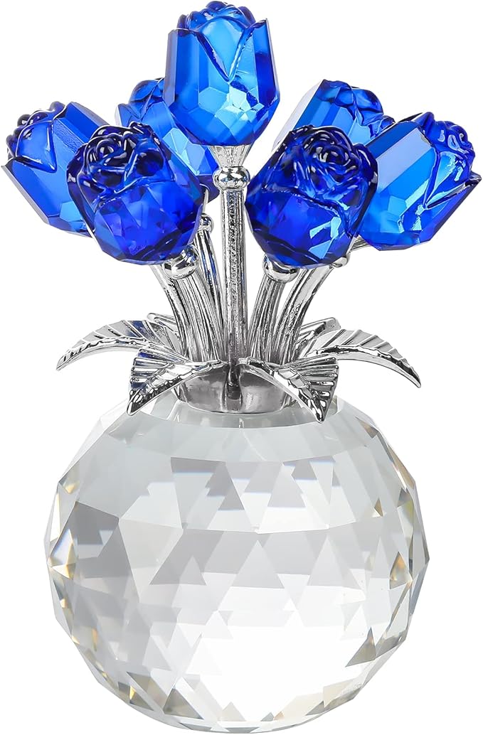 YWHL Crystal Blue Rose Flower Figurine with Round Vase, Rose Gifts for Wife Girlfriend, Romantic Gifts for Mom on Mother's Day Anniversary Birthday, Rose Collectible Figurines for Home Decoration
