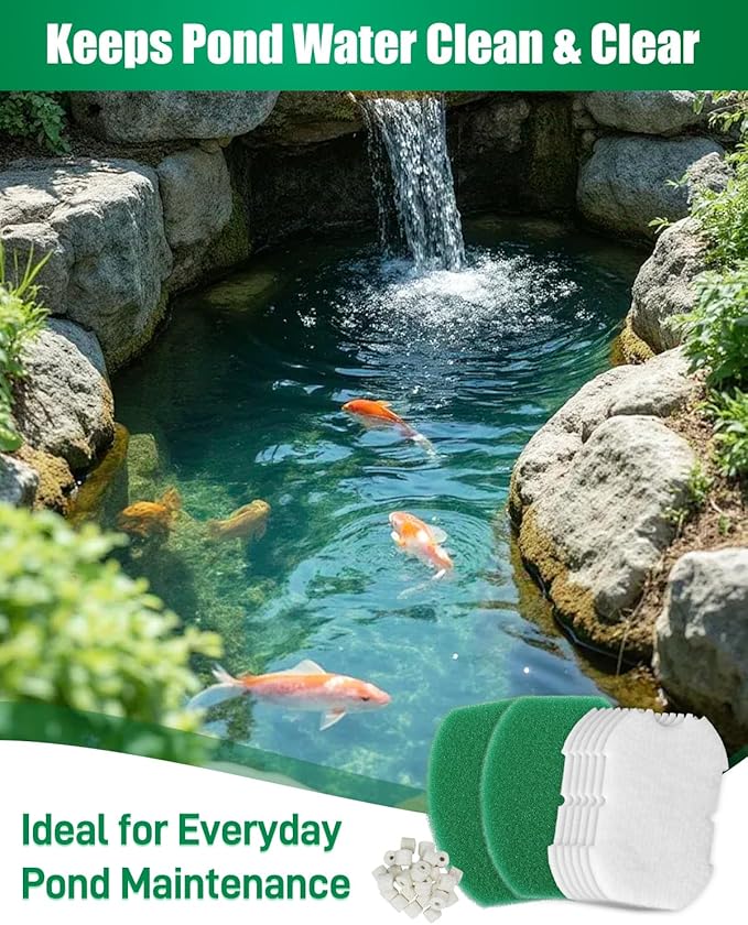 16 Pack Pond Filter Media Kit Compatible with Aquagarden Inpond 5in1 200 Gallon, 12 White Floss Pads, 2 Thick Foam Filters, 2 Bags Ceramic Rings