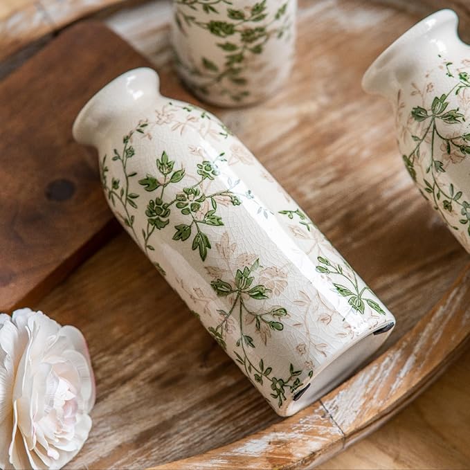 Teweiqi Vintage Vase Set of 3, Ceramic Flower Vases Chinoiserie Decor, Rustic Farmhouse Vases Retro Decorative Vases, for Home Living Room Kitchen Table Mantle Shelf Decor - Green and White