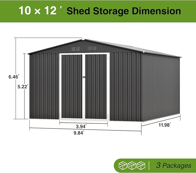 10 x 12FT Sheds & Outdoor Storage, Dark Grey Metal Waterproof Storage Shed with Door and Lock Outdoor Shed,All-Weather Shelter for Bike, Gardening Tools, Lawn Mowers