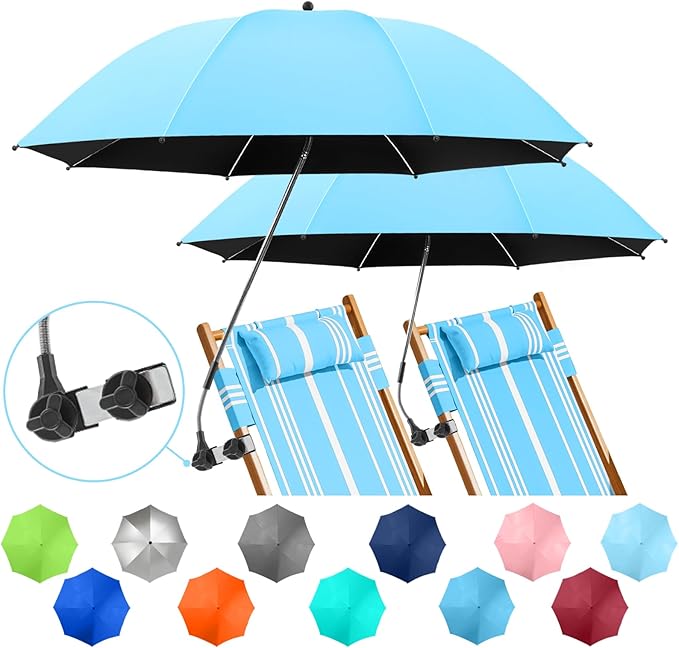 2 PACK Beach Umbrella with Clamp, 360 ° Adjustable Umbrellas for Chair, UPF50+ Umbrella for Beach Chair, Patio Chair, Wheelchair, Camping Chair, Golf Carts (Chair Not Included)