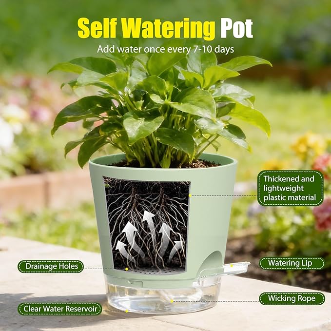 Plant Pots 4/5/5.5/6/6.5/7/8 Inch Self Watering Pots, 7 Pack Plastic Planters with Drainage Holes and Clear Saucers,Plastic Flower Pots,Nursery Planting Pot for Indoor Out Door Plants (Green)