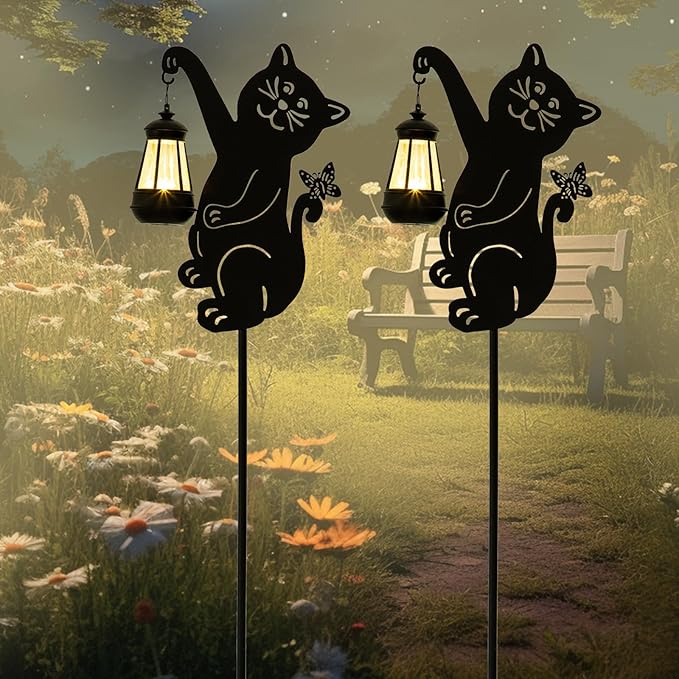 Solar Cute Cat Garden Stakes Outdoor Solar Decor Metal Cute Cat Holding Solar Lantern Decorative Garden Metal Flower Stakes Outdoor Cute Cat Silhouette Stakes