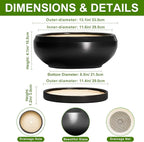 Bonsai Pots 13 Inch - Large Ceramic Succulent Pots with Drainage Hole and Tray, Round Planter Bowl Indoor Outdoor, Modern Shallow Planters, Home Living Room Decor, Gardening Gifts, Black