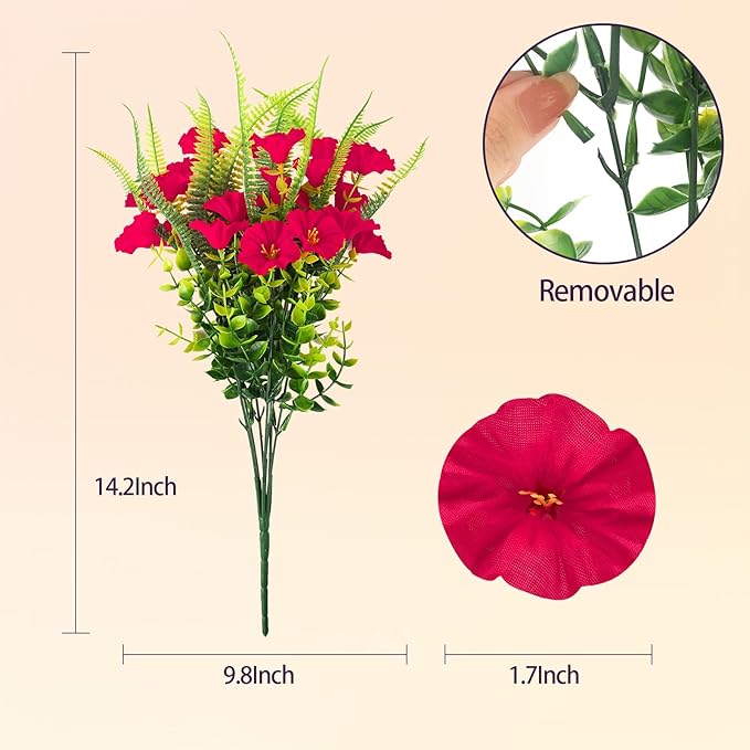 Artificial Flowers for Outdoors 12 Bundles Artificial Petunias Fake Flowers UV Resistant Shrubs Plants with Fern for Indoor Outside Hanging Planters Home Garden Summer Decorations(Rose Red)