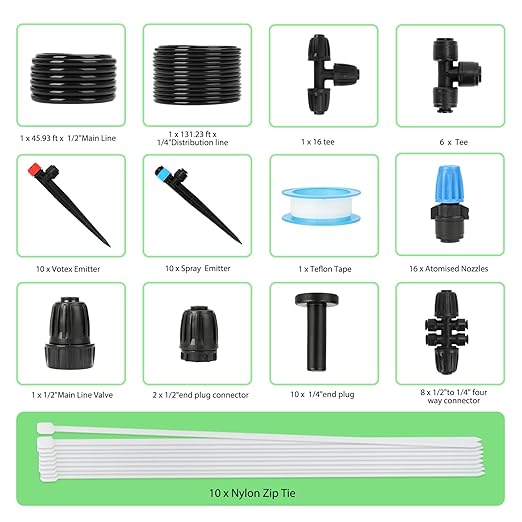 Drip Irrigation Kit – 2026 New Quick-Connect Micro Irrigation System with 46FT 1/2'' Tubing, Locking Nozzle Emitters, Adjustable Misting Sprayers for Gardens, Lawns, Raised Beds and Greenhouses