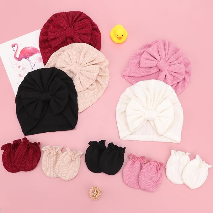 BQUBO Baby Turban Hats and Mittens Set Newborn Infant Hospital Hats Caps with Bows for Baby Boys Girls 0-12 Months