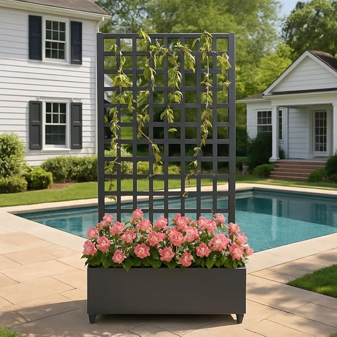 IDEALHOUSE Metal Planter Box with Trellis, 72"x47"x15.7" Galvanized Raised Garden Bed on Wheels with Drainage Holes, Outdoor Planter for Climbing Plants Vines & Privacy Screen, Square Lattice