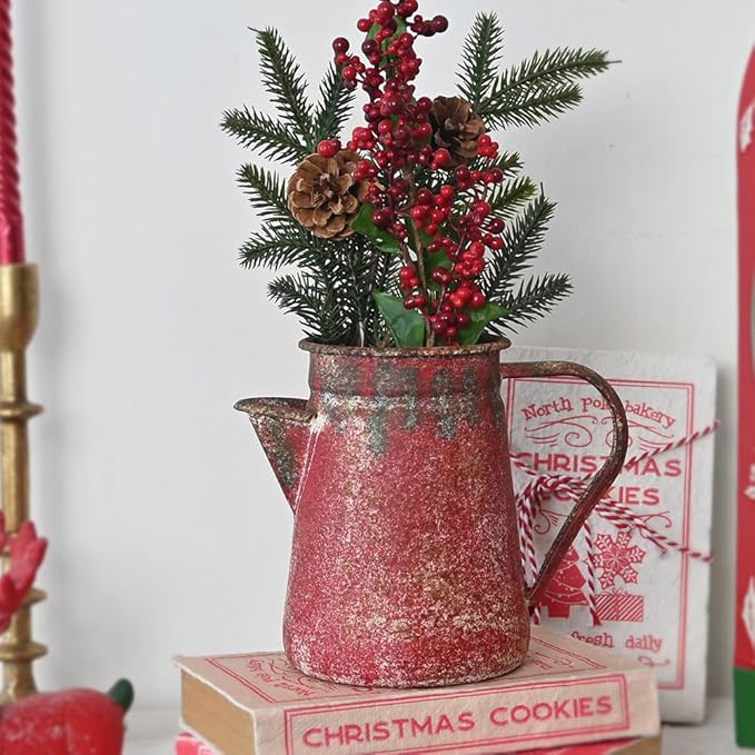 Vintage Pitcher Vase Rustic Farmhouse Vase for Flowers Vintage Metal Milk Jug Small Decorative Pitcher Shabby Chic Decor for Home, Kitchen, Bathroom, Red