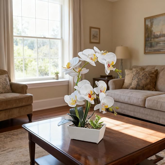 Fake Orchid Realistic Artificial Flowers Real Touch White Orchid Fake Potted Plants For Home Decor Indoor Phalaenopsis Orchids Centerpiece Flower Arrangement Table Decorations For Dining Room Bathroom