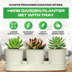 Plexon Herb Planter Indoor Garden Set of 3 with Tray, Metal Herb Pots for Indoor Plants, Round Kitchen Garden Kit Ideal for Windowsill Planter or Countertop, Off-White Powder Coated