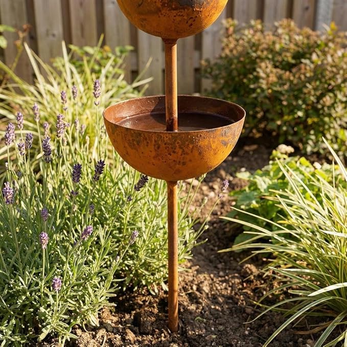 Rain Catcher - Plant Support Metal Garden Ornament,3-Tier Rain Catcher Garden Stake with Water Bowls,Rusty Metal Flower GardenStakes Bird Bath,Bird Bath & Bee Watering Station for Outdoor Patio Decor