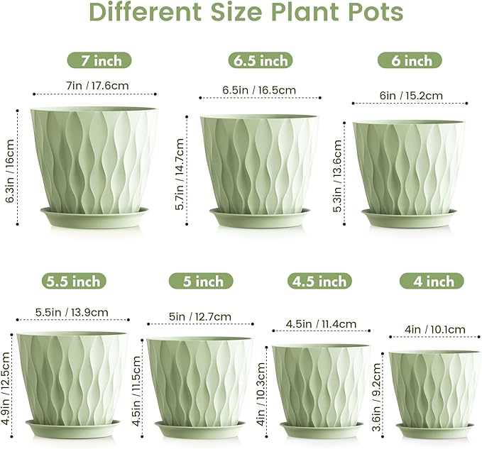 Meowell 7/6.5/6/5.5/5/4.5/4 inch Plant Pots for Indoor Outdoor Plants, 7 Pack Thick Flower Pots with Drainage Holes and Saucers, Modern Wave Texture Plastic Planter Pots for Nursery, Succulent, Green