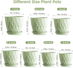 Meowell 7/6.5/6/5.5/5/4.5/4 inch Plant Pots for Indoor Outdoor Plants, 7 Pack Thick Flower Pots with Drainage Holes and Saucers, Modern Wave Texture Plastic Planter Pots for Nursery, Succulent, Green
