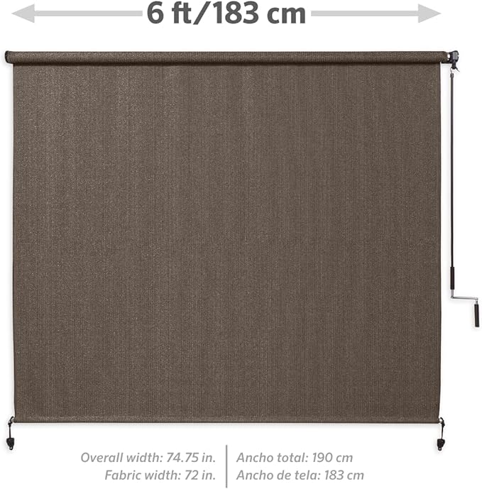 Coolaroo Outdoor Roller Shade with Wand - 90% UV Block Breathable Light Filtering Shade for Patio or Porch, Fade-Resistant, Easy-Clean Fabric, 6ft x 6ft, Mocha