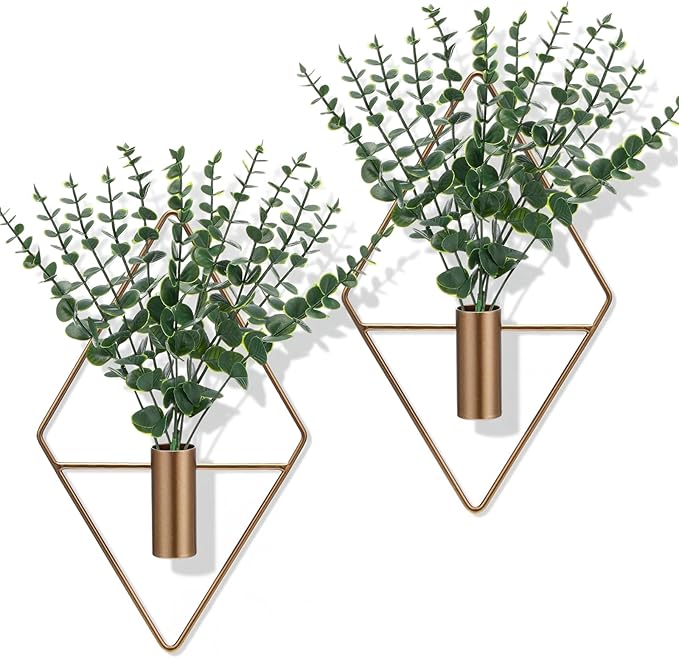 Canlierr 4 Pieces Bronze Wall Decor Hanging Planters with Artificial Plants Metal Hanging Vase Indoor Plants Holder Modern Boho Wall Art for Bathroom Bedroom Living Room Decor, Eucalyptus