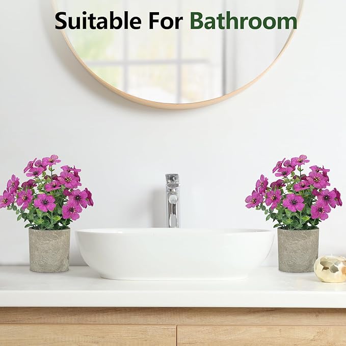 2 Pack Small Fake Plants Potted Artificial Plants Artificial Flowers Potted Faux Flower Daisy with Eucalyptus Leaves for Home Decor Office Room Farmhouse Indoor Table Bathroom Decor（Purple）