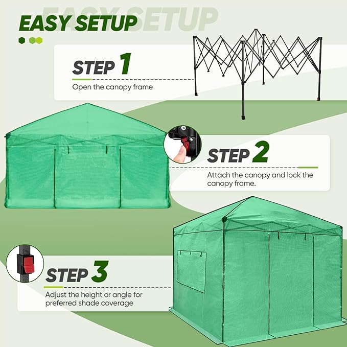 EAGLE PEAK 8x8 Portable Walk in Greenhouse, Pop Up Indoor Outdoor Greenhouse, Green House Kit with Zippered Roll-Up Doors and Windows, PE Cover, Clear/Green