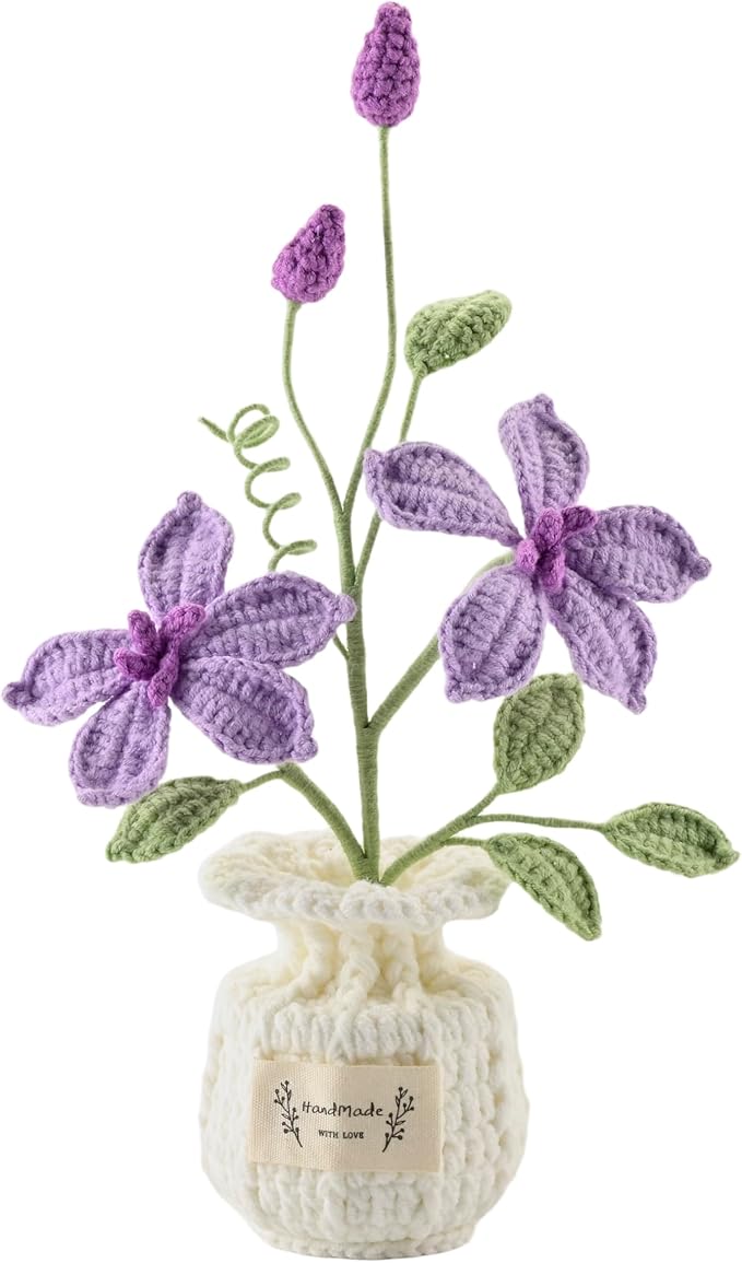 Crocheted Potted Plants, Hand-Woven Lotus Flowers, Knitted Lotus Flowers, Home Office Ornaments, Gifts for Mother, Family and Friends, Graduation Anniversary, Wedding Decorations (Purple)