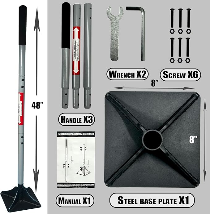 Heavy Duty Steel Tamper 10"x10" with 48 inch Ergonomic Handle and Rubber Foam Grip -Garden Landscaping Hand Rammer Compactor for Earth, Gravel and Dirt Pavement Compaction Paver Tool Trash Tamper