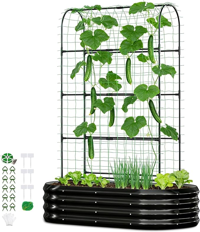 2 in 1 Galvanized Raised Garden Bed with 71" H Arch Trellis for Climbing Plants, Outdoor Gardening Planter Box with Climbing Net for Flowers Vegetables Fruits Herbs, Black
