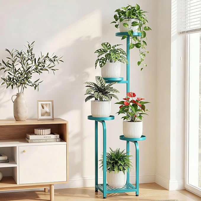 TOSKING 5 Tier Tall Plant Stand Indoor Outdoor,Anti-Tip Plant Stand indoor, Wide Base for Pots, Child and Pet Friendly,Heavy Duty Corner Shelf for Plants & Decor, Space Saving ,Tiered Metal Flower Pot Stand for Balcony, Garden, Living Room, Patio (Blue...