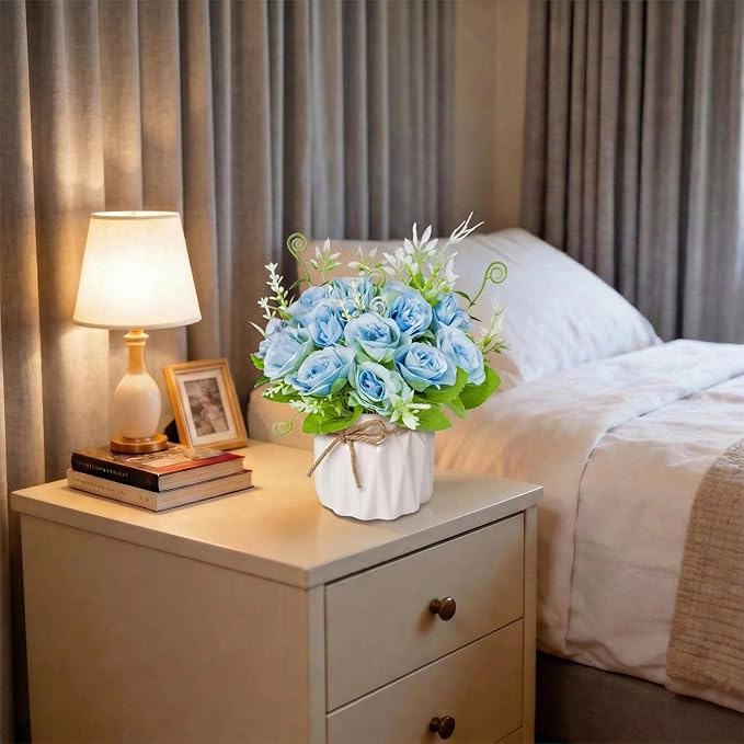 Artificial Flowers Fake Roses with Small Ceramic Vase - Desktop Decoration for Dining Tables, Living Rooms, Bedrooms, Offices for Weddings, Birthdays, Home Decor (Blue)