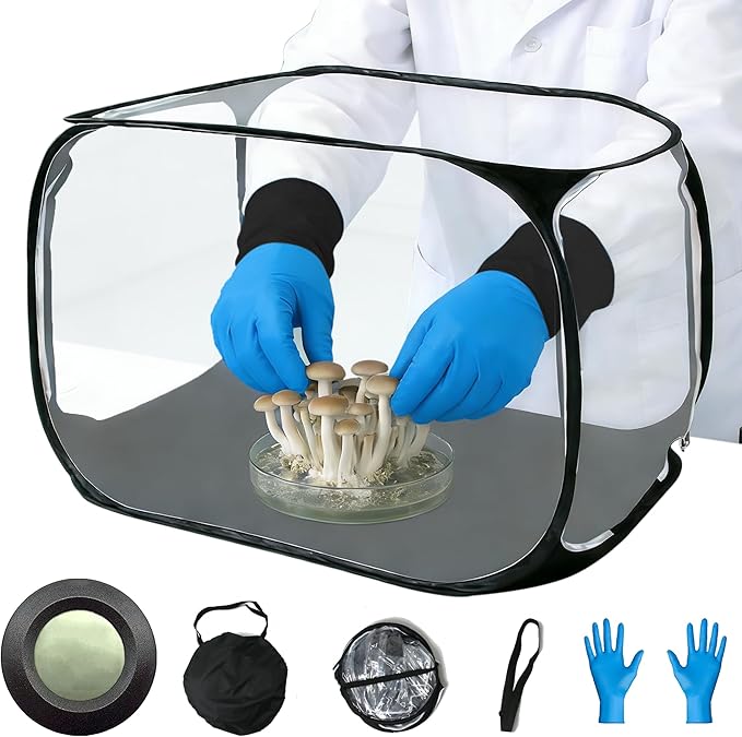 Portable Still Air Box Mycology with Pop Up Mushroom Growing Kit - Ideal for Mushroom Cultivation in Office and Mycology Enthusiasts (Black)