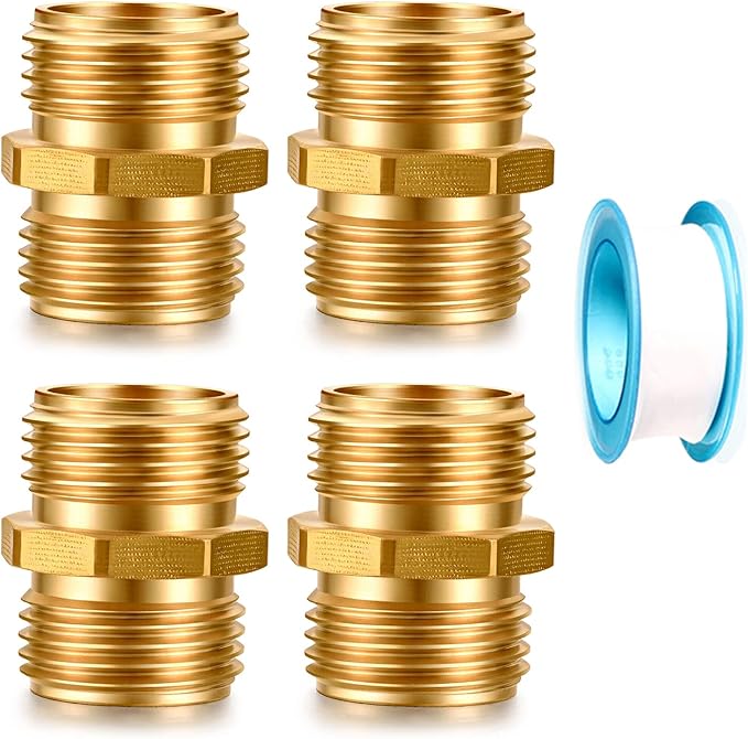 Garden Hose Fittings Connectors Adapter Solid Brass Repair double male to male faucet leader coupler dual water hose connector(3/4" GHT Double Male) (4-PCS)