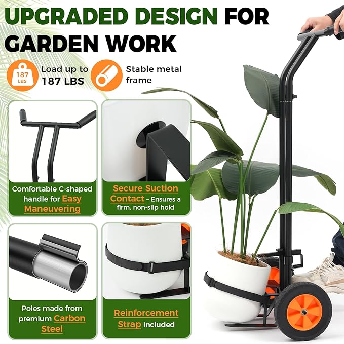 AUROPEAK Rolling Plant Caddy with Wheels Heavy Duty, Plant Dolly with Adjustable Forks and Grips,Suction Cups,Potted Plant Mover,Indoor & Outdoor Plant Trolley Cart with Strap for Planter Flower Pots