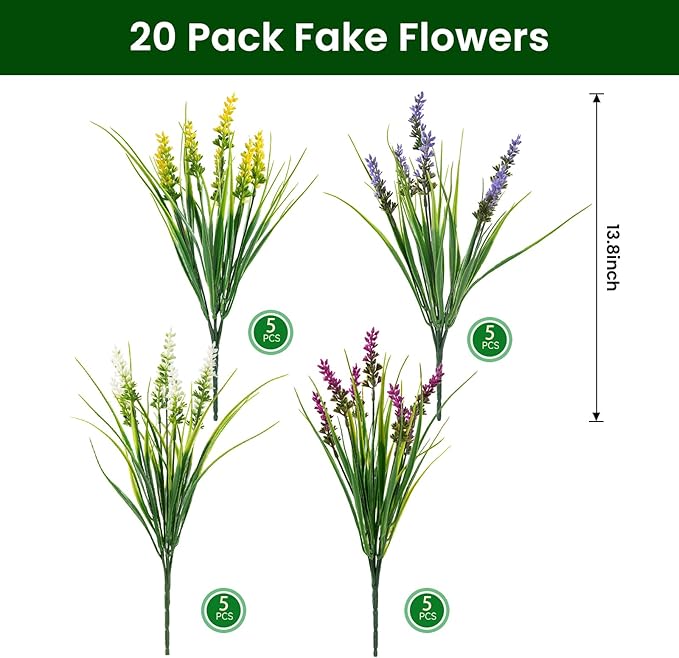 20 Bundles Artificial Plants Outdoor, UV Resistant Fake Flowers, Realistic Faux Lavender Shrubs for Porch Garden Window Box Home Decoration (White Yellow Lightpurple Rosy)