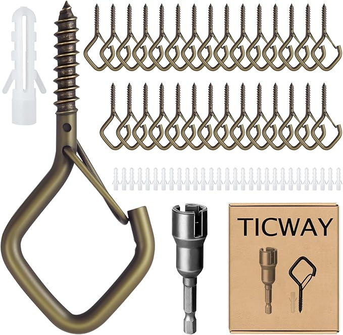 30 Pcs Outdoor Hooks for String Lights,Screw Hooks for Hanging Plants,Ceiling Hooks with Safety Buckle,Square Hanger for Wind Chimes,Bird Feeder,Lanterns,Christmas Decorations Bronze