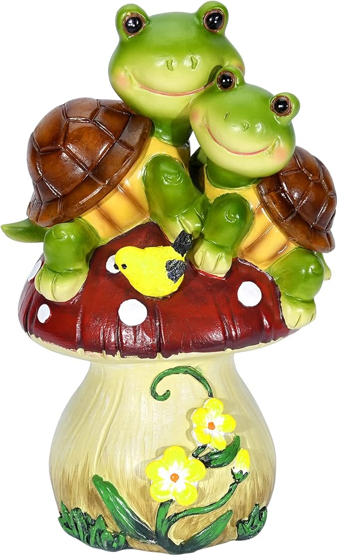 Solar Light Turtle Garden Statue, Turtle on Mushroom Figurine Lovely Tortoise Garden Statue with 5 LED Lights for Patio, Balcony, Yard, Housewarming, Gifts for Mom, Outdoor Lawn Decorations Mother Day