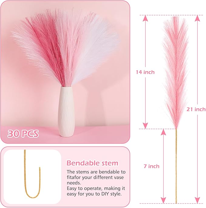 SeptCat 30 Pcs Pink White Pampas Grass Decor: 21.7" Fluffy Faux Small Pampas Grass Artificial Flower Vase Filler for Home Wedding Living Room Wall Party Decoration