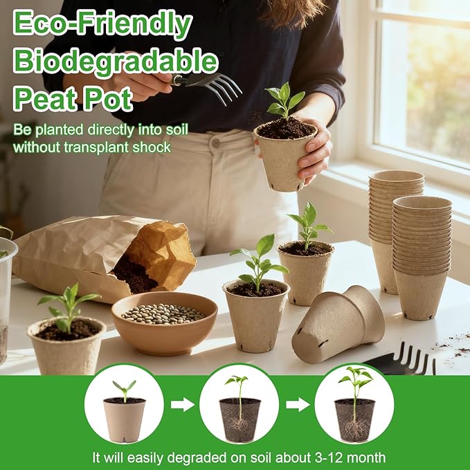 Baxrou 120 Pack 3.15 Inch Peat Pots Plant Starters for Seedling, Herb Seed Starter Pots Kits, Garden Germination Nursery Pot wit 30 Plant Labels, 2 Transplant Tools.