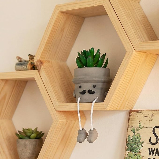 Cute Artificial Succulent Plant in Cement Pot with Hanging Legs, Mini Faux Succulent Decor for Kitchen Shelves, Bathroom Wall Shelf - Fake Small Plant for Home & Office Desktop, Shelf Accents