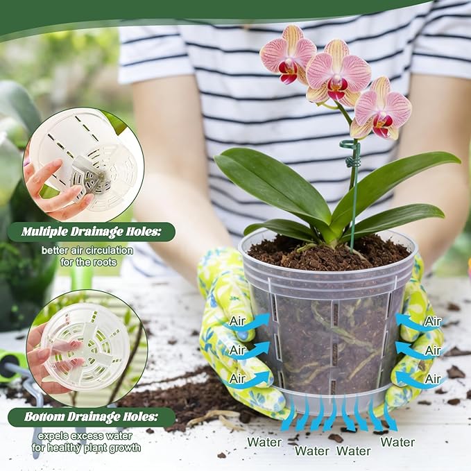 LUCKJUJU 12 Sets Orchid Pot with Holes, 4, 5, 6 Inch Clear Plastic Plant Pot with Saucers, Plant Stakes, Clips, Orchid Pots with Drainage for Repotting for Indoor Outdoor Plants