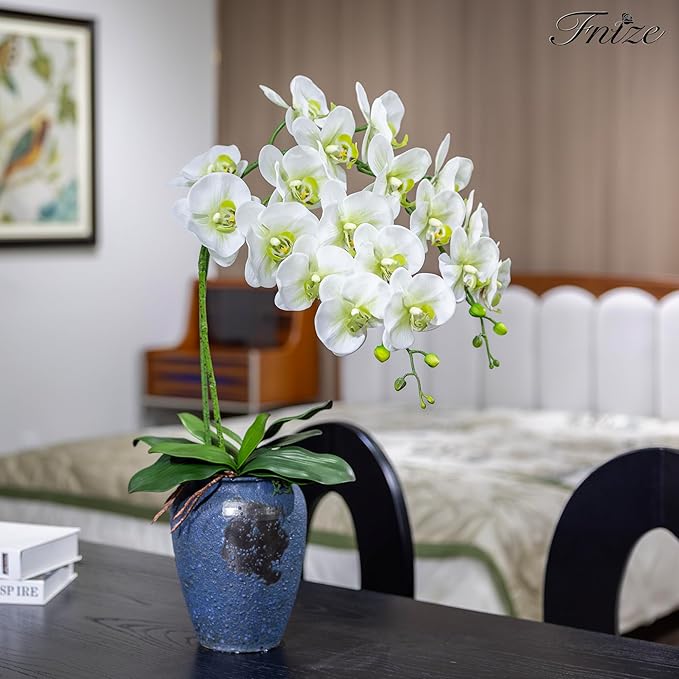 Fnize Faux Orchid Stems Real Touch Artificial Phalaenopsis Flowers Latex Petals 38 Inches 2pcs (Green White)