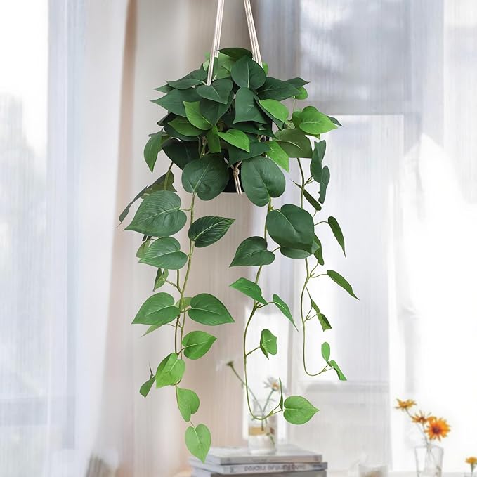alyptus Fake Hanging Plants Artificial Decor Indoor Realistic Silk Devil's Ivy Hanging Potted Plants Faux Greenery Plant Pothos Vines with Pot for Home (Hanging Pothos - Green)