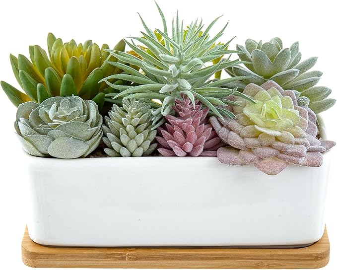 MyGift Assorted Artificial Succulent Plant Arrangement Potted in White Ceramic Planter Pot with Removable Bamboo Tray