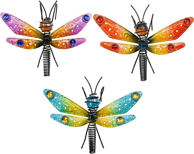 3pcs Dragonfly Decorations for Flower Pots, Colorful Metal Hanging Dragonfly Ornaments Plant Decorations Pot Huggers for Garden Yard Fence Outdoor Decor