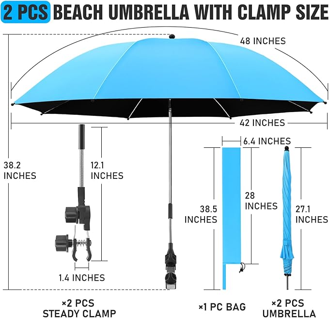 2 PACK Beach Umbrella with Clamp, 360 ° Adjustable Umbrellas for Chair, UPF50+ Umbrella for Beach Chair, Patio Chair, Wheelchair, Camping Chair, Golf Carts (Chair Not Included)