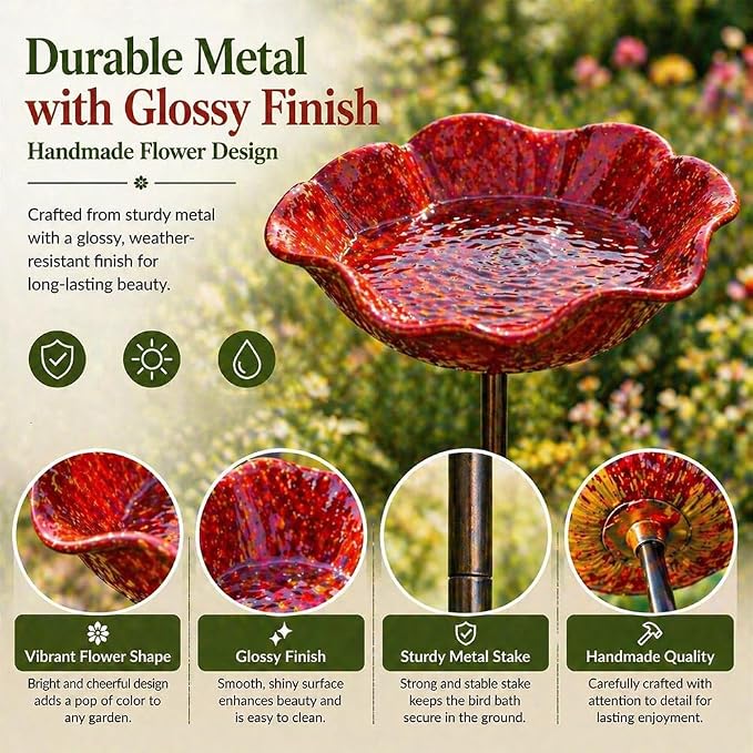 Metal Flower Garden Stakes Bird Bath, Handmade Metal Flower Garden Stake with Bee Bath, Bird Water Bowl Water Station for Outdoor Yard Lawn Patio Decor (Green)