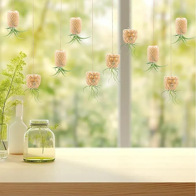SnowTing 10 PCS Hanging Air Plant Holder, Unique Bamboo Lantern Shape Air Plant Hanger with Jute Ropes for Tillandsia Succulent Houseplants, Airplants Hanging Holders for Home, Office & Garden Decor