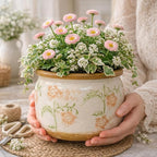 Vintage Ceramic Flower Pot - Indoor Outdoor Planters with Drainage Holes & Filter Screen, 6.5’’ Small Rustic Farmhouse Decorative Plant Pots for Garden/Patio/Balcony (Daisy Bouquets, Small)