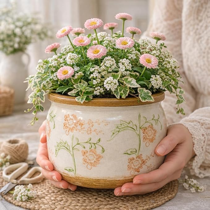 Vintage Ceramic Flower Pot - Indoor Outdoor Planters with Drainage Holes & Filter Screen, 6.5’’ Small Rustic Farmhouse Decorative Plant Pots for Garden/Patio/Balcony (Daisy Bouquets, Small)